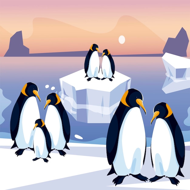 Penguins group in iceberg north pole sea panoramic  illustration