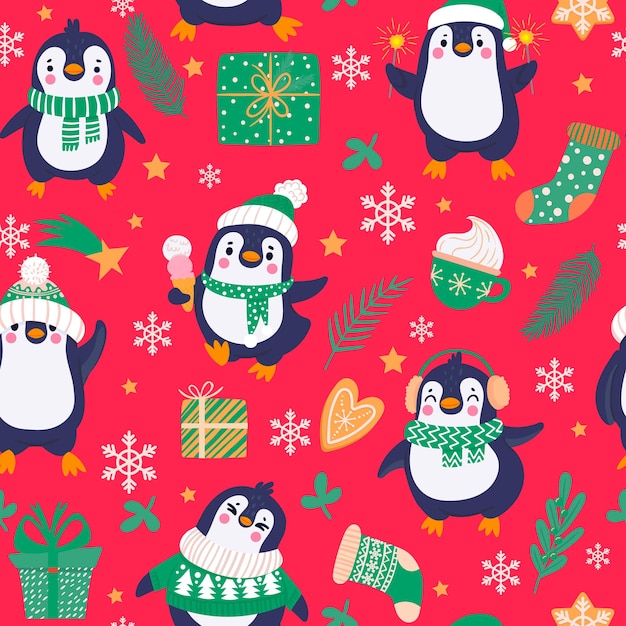 Penguins seamless pattern. Cartoon cute penguins in winter clothing and hats, christmas arctic animals, childish textile vector texture. Animals with gingerbread, hot chocolate in cup