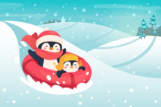 Vector penguins on a snow tube. sport and leisure concept illustration