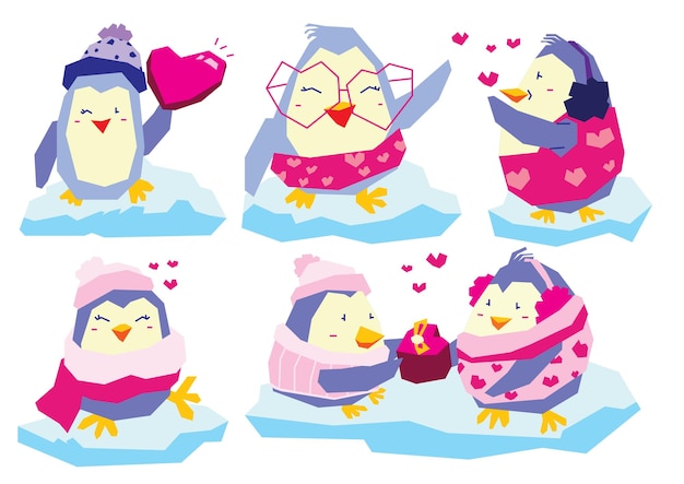 Vector penguins on valentines day set