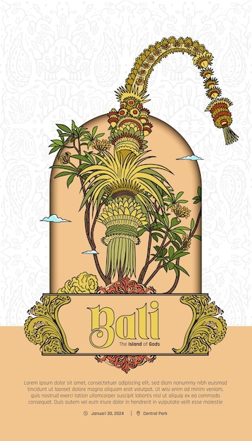 Illustrazione balinese di penjor con idea di layout di cornice vintage per post sui social media