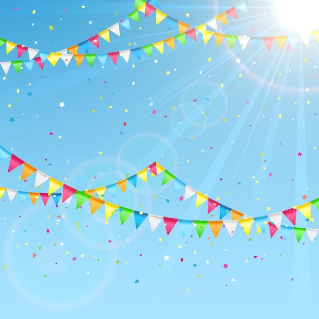 Vector pennants and colorful confetti on a sky background illustration