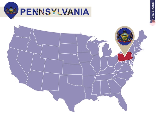 Stato della pennsylvania sulla mappa degli stati uniti. bandiera e mappa della pennsylvania. stati uniti d'america.