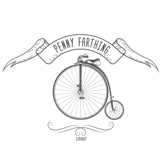 Emblema vintage di bicicletta da penny-farthing, bici retrò con grande ruota anteriore del 1890