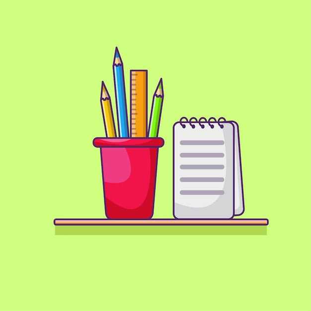 Vector pens and notes on the table, icons for school and study, illustrations and vectors