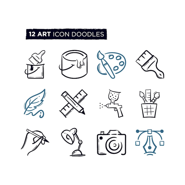 Vector penselen en schilderen doodles lijn pictogrammen world art day hand getekende kleur spray kleurenpalet verf emmer weer camera lamp