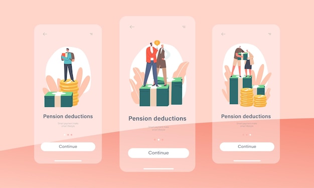 Pensioenaftrek Mobiele app-pagina Onboard-schermsjabloon Kind, volwassene en senioren staan op de grafiek voor groeiend geld