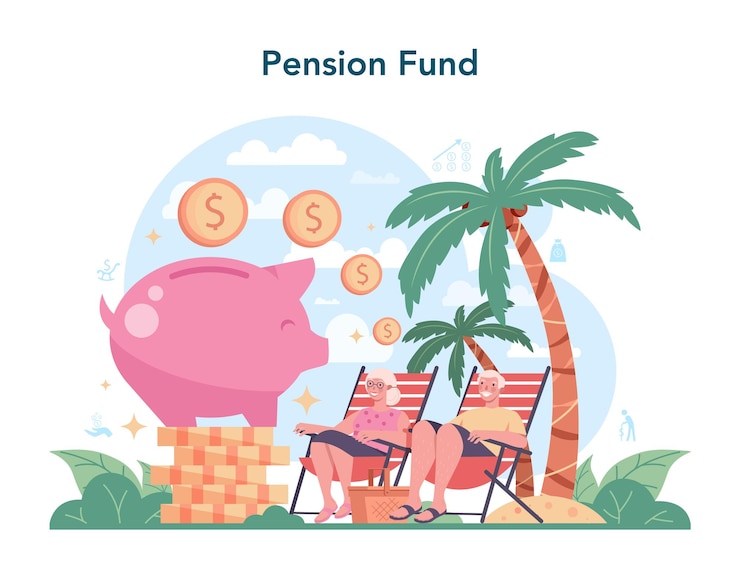 Vector pensioenfonds geld besparen voor pensioen financiële onafhankelijkheid idee economie en rijkdom pensioenplan vectorillustratie in cartoon-stijl
