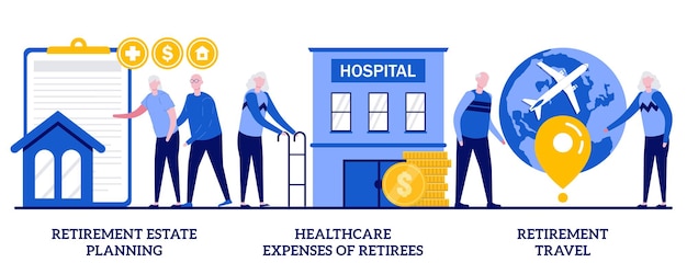 Pensioenplanning, zorgkosten van gepensioneerden, pensioenreisconcept met kleine mensen. privileges voor gepensioneerden, medische dienst, toerisme abstracte vector illustratie set.