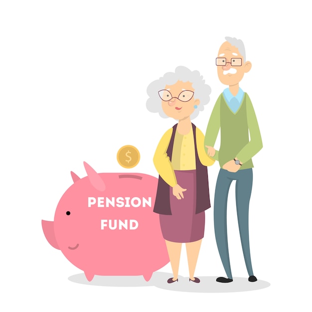 Pension fund concept. grandparents with piggy bank and savings.