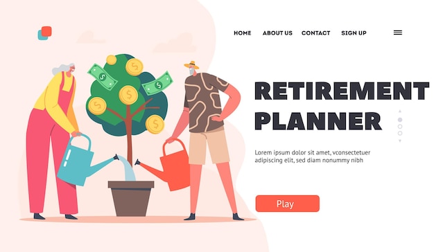 Pension insurance passive income landing page template senior man and woman watering money tree with golden coins and banknotes pensioner characters grow capital cartoon people vector illustration