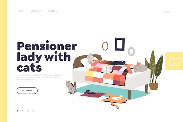 Pensioner lady with cats concept of landing page with senior woman sleeping in bed and pets around. Cute elder grandmother rest in bedroom with cats. Flat vector illustration