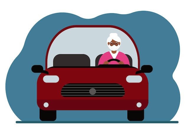 A pensioner woman with a medical mask is driving in a red car. foreground. vector