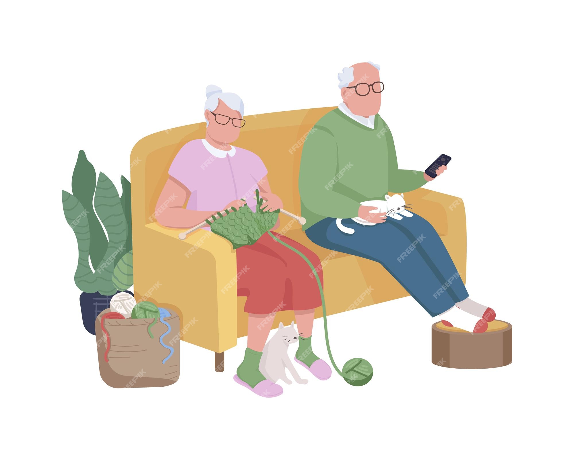 Premium Vector | Pensioners on couch semi flat color vector characters.  sitting figures. full body people on white. retirement isolated modern  cartoon style illustration for graphic design and animation