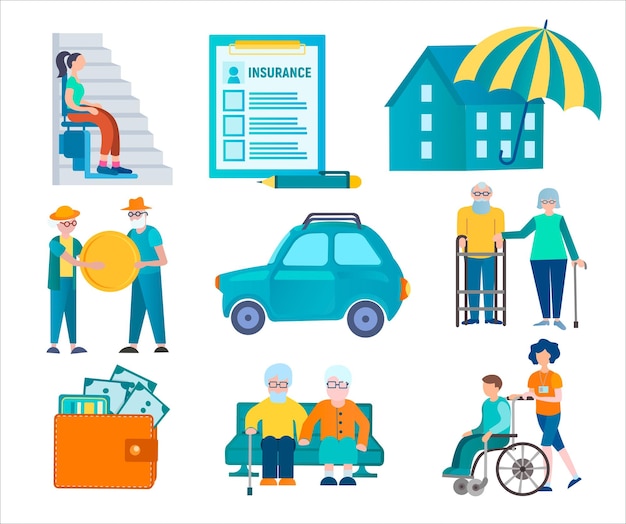 pensioners disabled people in need of help their financial security social support vector set