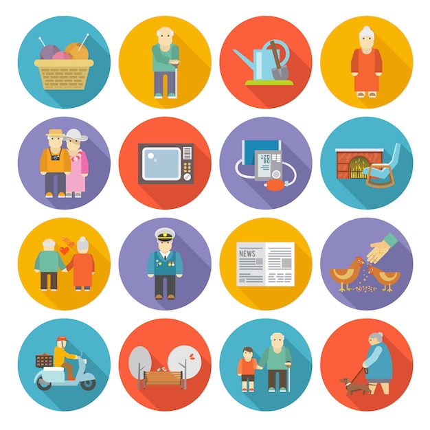 Vector pensioners life icons flat