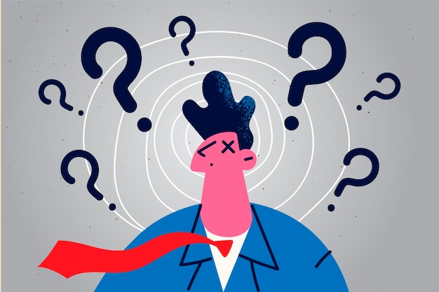 Pensive businessman surrounded by question mark feel confused and frustrated. Male employee or worker think of problem solution, find business idea answer. Trouble solving. Vector illustration.