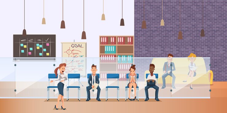 Vector pensive employee sit in queue for job interview