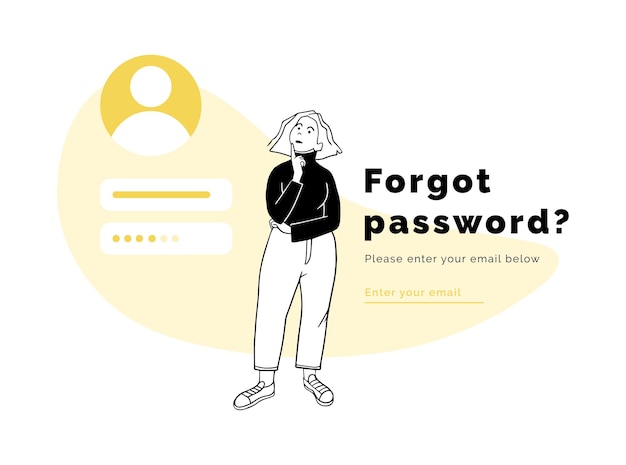 Vector pensive girl remembering a password, flat design.