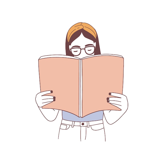 Vector pensive hipster girl in glasses reading book or preparing for examination