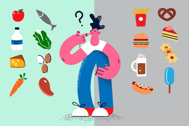 Vettore l'uomo pensieroso prende una decisione tra cibo sano e malsano. il ragazzo premuroso decide sui prodotti dietetici e spazzatura. dieta e benessere. nutrizione. buona abitudine concetto. illustrazione vettoriale.