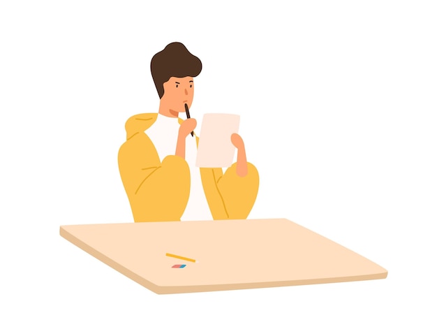 Pensive student guy holding paper sheet and pen sitting at table vector flat illustration. Focused male thinking on test at college or university isolated on white background. Teenager at examine.