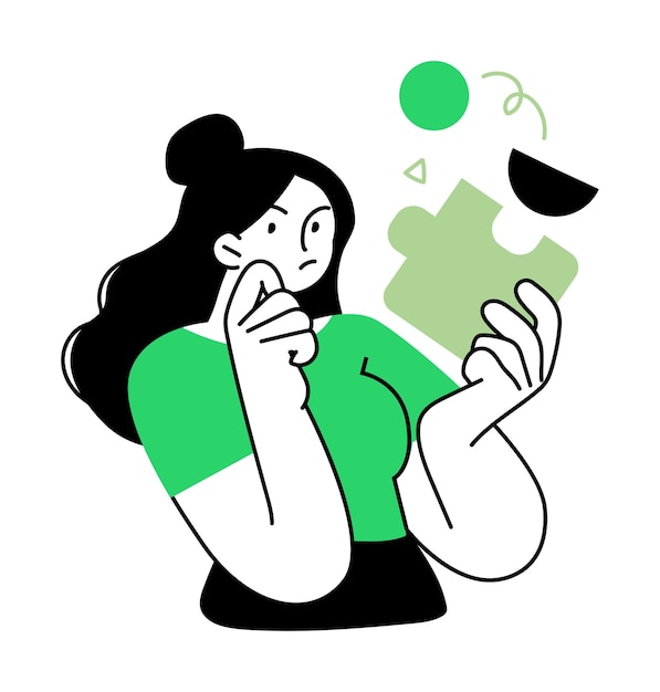 Vector pensive woman holding puzzle piece illustration