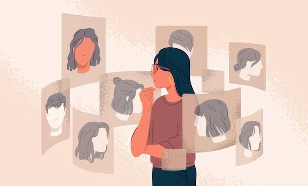 Pensive woman looking at different various choice hairstyle illustration