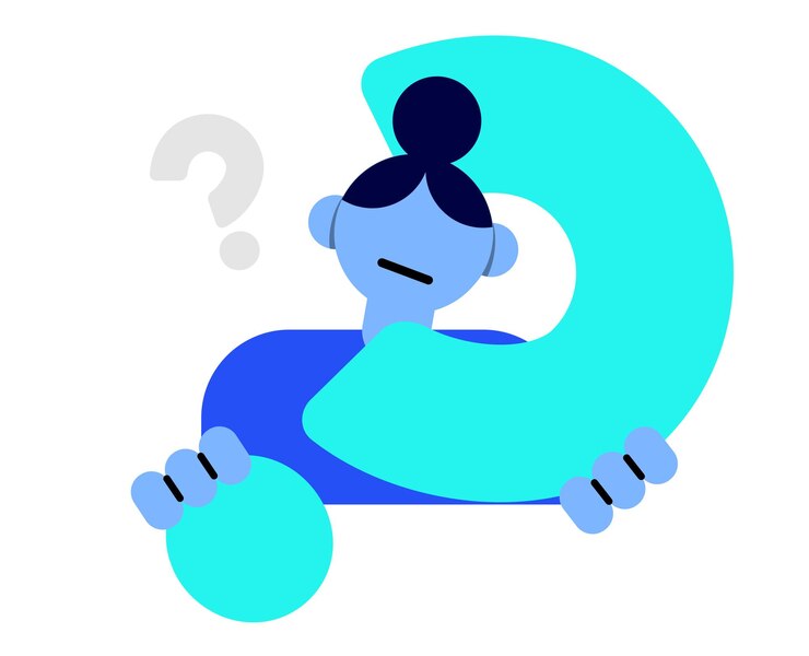 Vector pensive woman surrounded by interrogation points concept of asking questions dilemma solving puzz