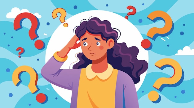 Vector pensive woman surrounded by question marks