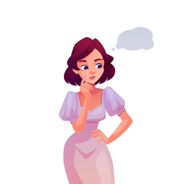 Pensive woman with thought bubble girl character