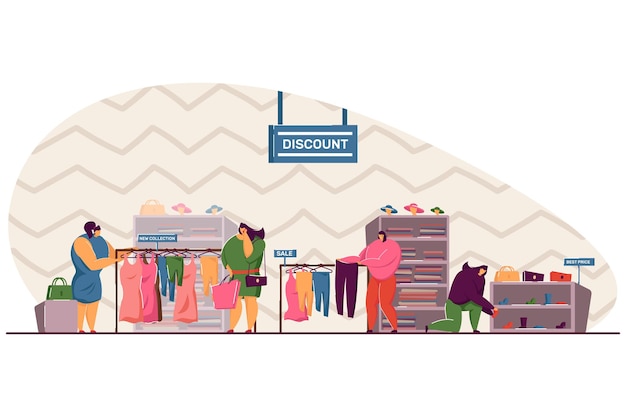 Pensive women choosing clothes in shop flat illustration