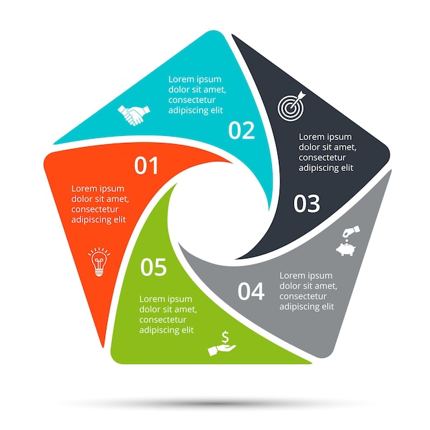 Pentagon with circle inside, divided into 5 parts. Vector cycle infographic design illustration.