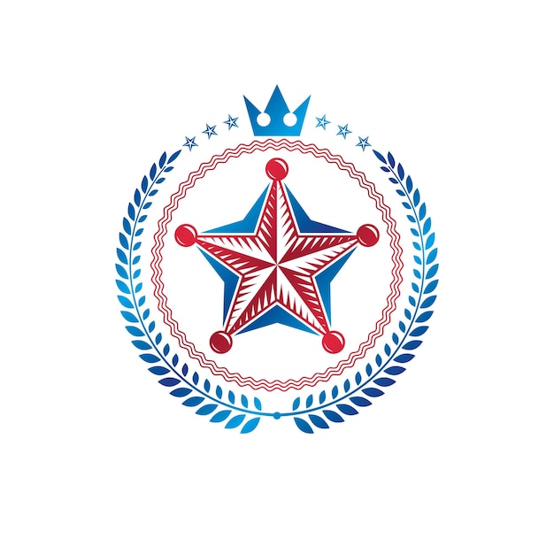 Pentagonal Star embleem, unie thema symbool gemaakt met koninklijke kroon en lauwerkrans. Heraldische wapenschild, vintage vector logo.