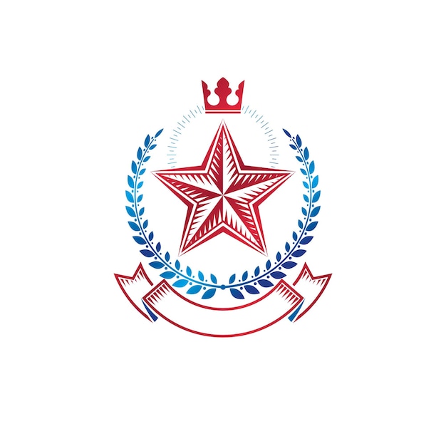 Pentagonal Stars-embleem versierd met keizerskroon en lauwerkrans, vakbondsthema-symbool. Heraldische wapenschild, vintage vector logo.