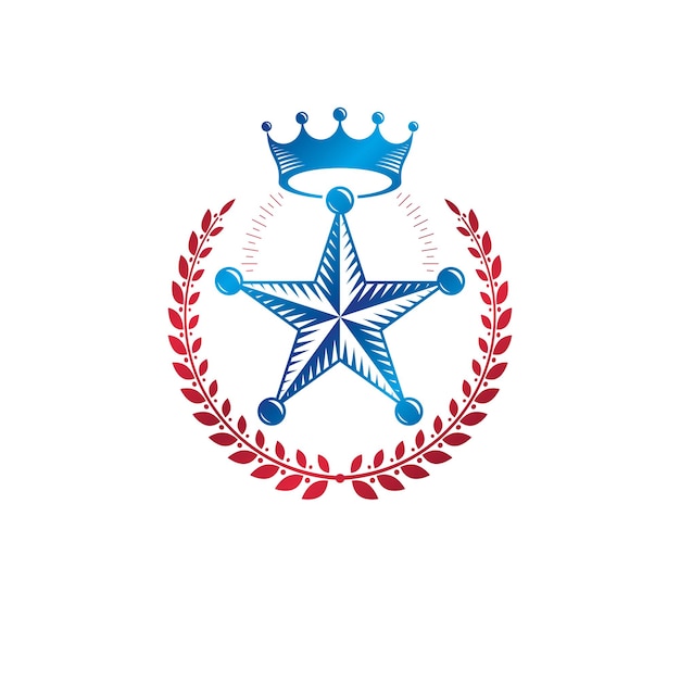 Эмблема пятиугольной звезды, символ темы союза, созданный с королевской короной и лавровым венком. Геральдический герб, старинный векторный логотип.