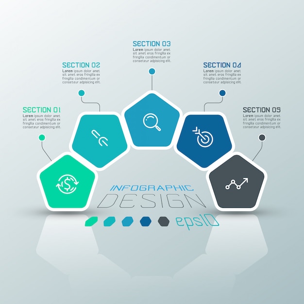 I pentagoni etichettano il modello infographic sull'arte di vettore.