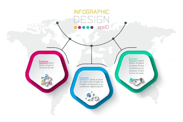 Pentagons label infographic with 3 steps.