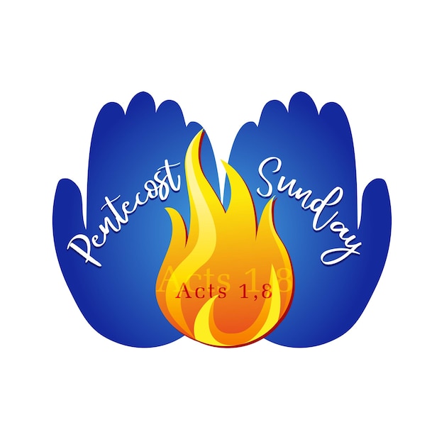 Pentecost Sunday congrats. Fire in hands logo concept. Creative sign and calligraphic text.