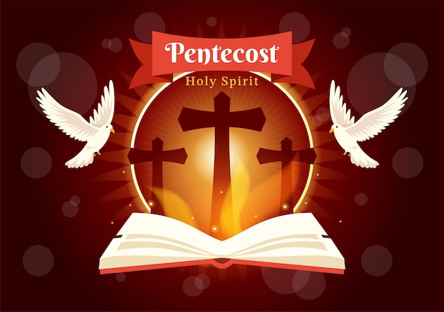 Vector pentecost sunday illustration with flame and holy spirit dove in catholics or christians religious