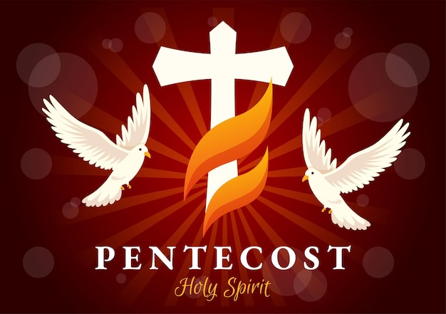 Pentecost sunday illustration with flame and holy spirit dove in catholics or christians religious
