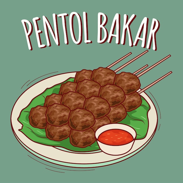 Pentol Bakar illustratie Indonesisch eten met cartoonstijl