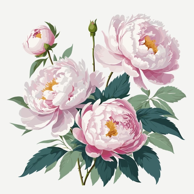 Vettore di peonie in fiore su sfondo bianco