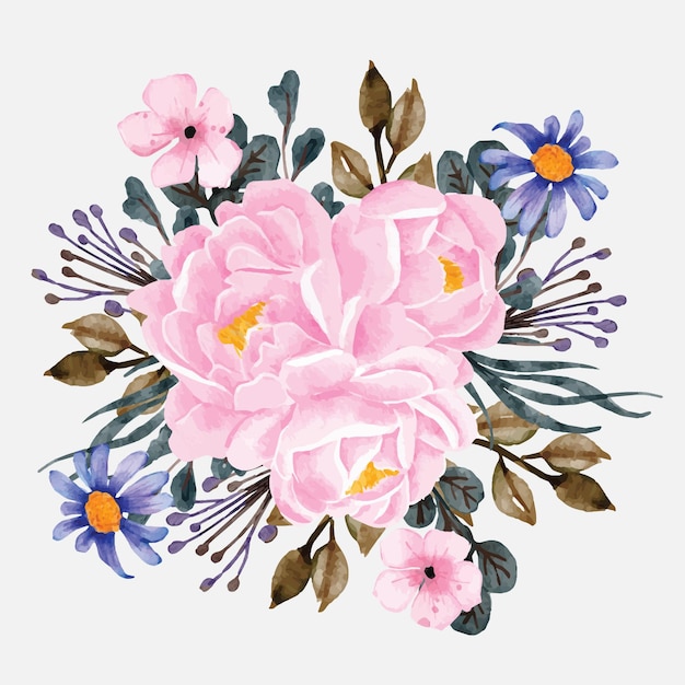 Acquerello di fiori di bouquet di peonie