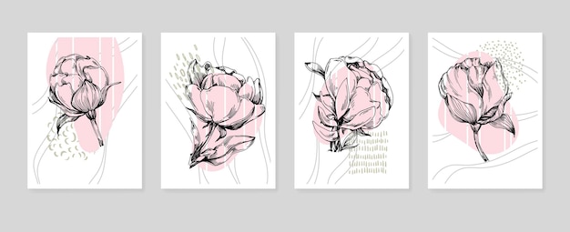 スケッチ スタイルの壁の装飾のミニマリストの花のシャクヤク手描きのイラスト