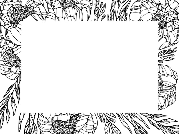 牡丹の招待状ベクトルアウトライン花と白い背景の葉手描きイラスト