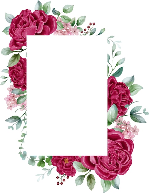 Vector peonies maroon floral frame wedding invitation flower frame with peonies leaves and berries isolated on white background for design card print and invitations