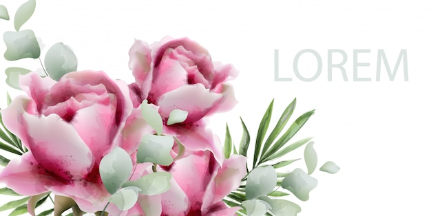 Peonies watercolor exotic floral background