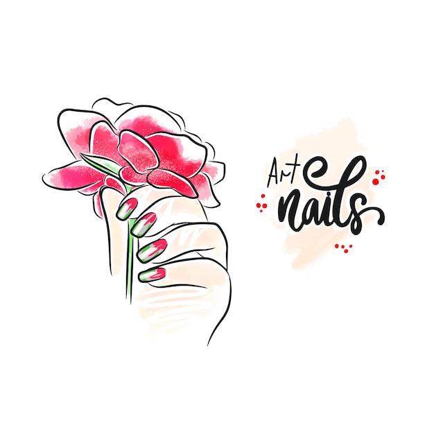 Vector peony beautiful flower in hand with long nails hand lettering trendy