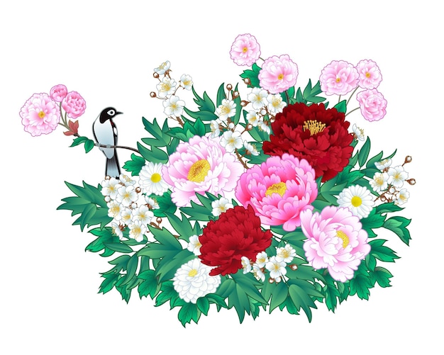 Bouquet di peonie con susino in fiore e uccellino